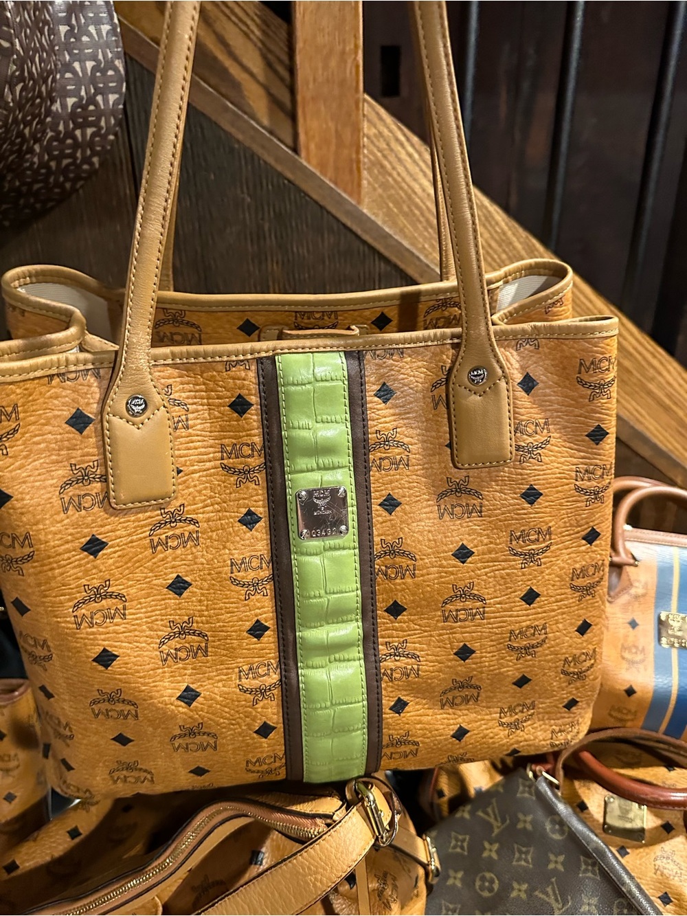 MCM Cognac Visetos Tote with Lime Center Stripe